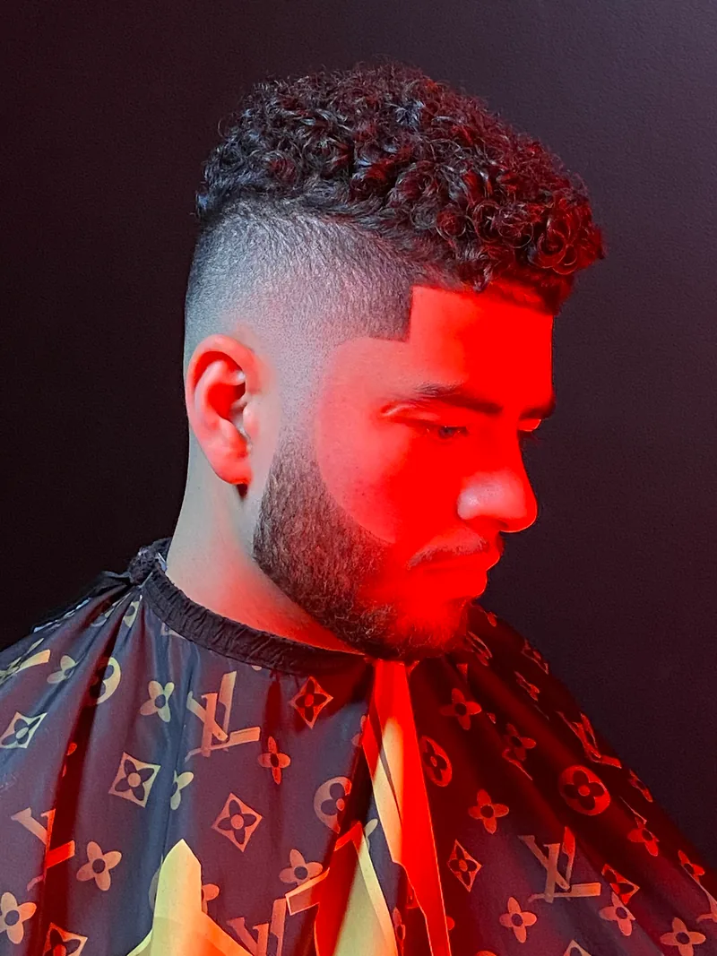 Curly top with a fade under red light